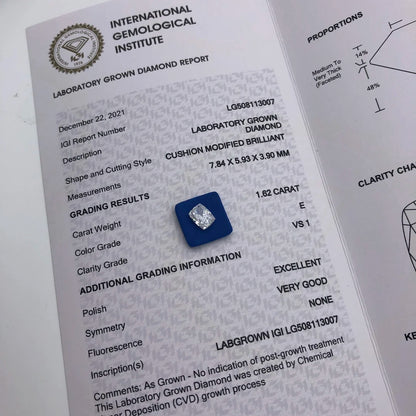 1ct 1.5ct  2ct 2.5 3ct 5ct HPHT CVD Diamond  IGI Certificate Cushion cut lab grown diamonds