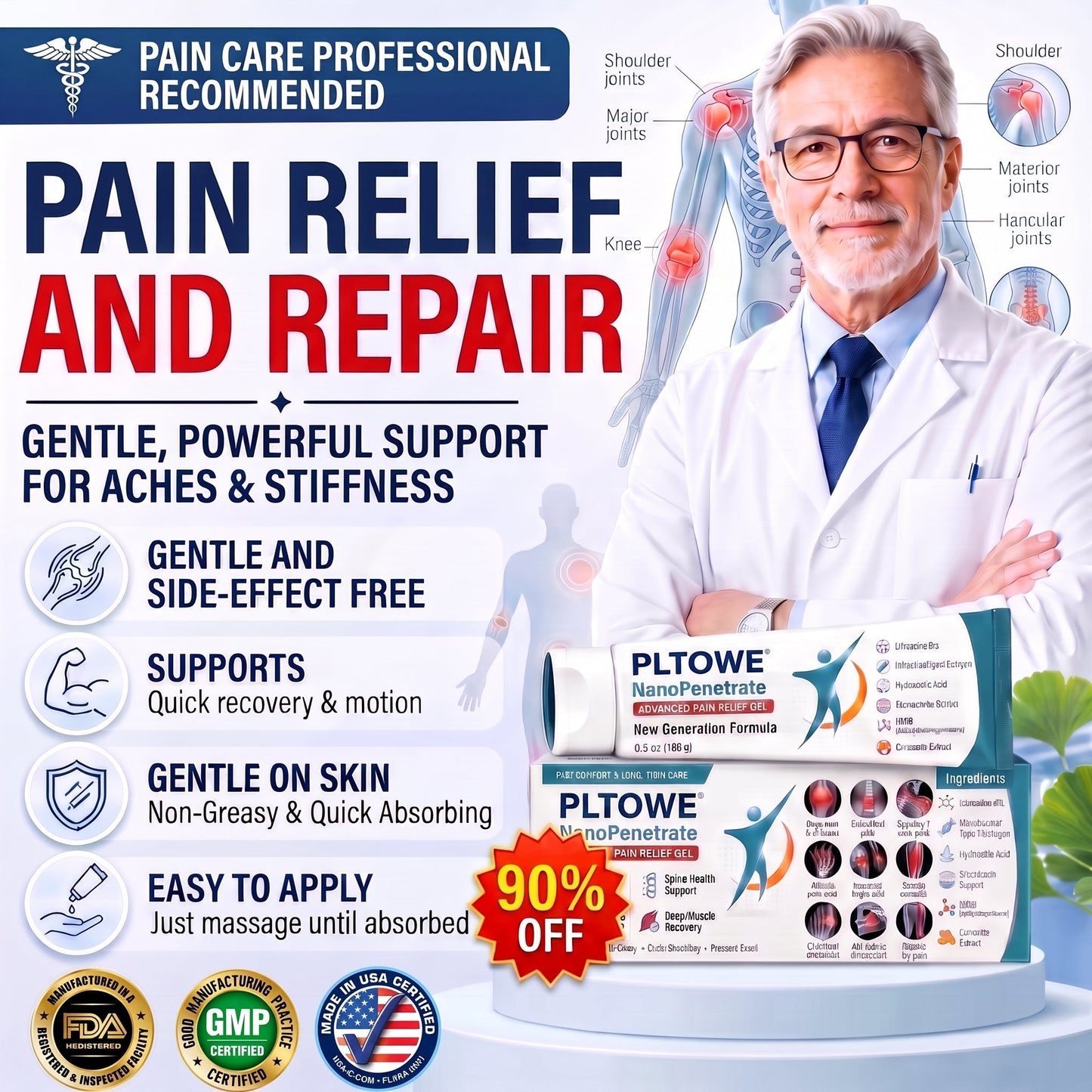 PLTOWE® NanoPenetrate Advanced Pain Relief Gel 🇺🇸 | Fast Comfort & Long-Term Joint & Muscle Care | Lidocaine + Menthol + MSM + Type II Collagen Formula | For Joint Pain, Muscle Soreness & Stiffness 💥